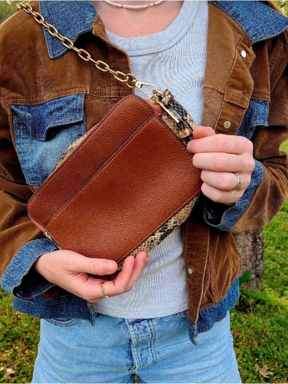 Sondra Roberts Orange Lined Snake-Trim Crossbody